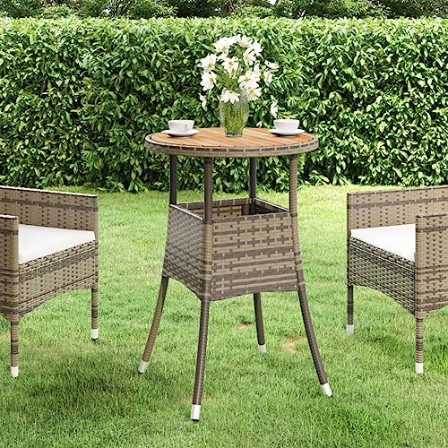 VIHHQGC Outdoor Garden Table with Acacia Wood Top and Poly Rattan Wrapped Powder Coated Steel Frame for Patio Furniture Set Centerpiece, Durable Outdoor Dining Table