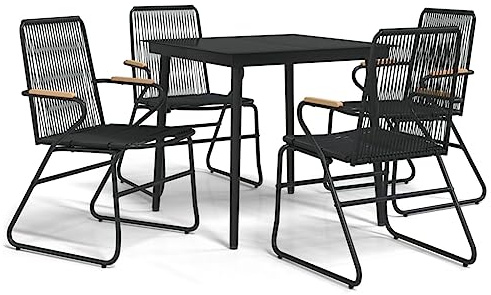 pokgdf Gruppo da pranzo con struttura in acciaio e comfort di seduta, 5 pezzi Gruppo da giardino in PVC Rattan di colore nero, per terrazza con tavolo da pranzo e piano in vetro