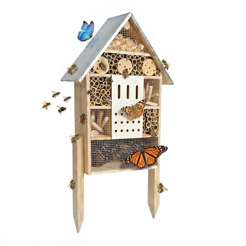 Relaxdays Hotel para Insectos con Soporte, Madera, Techo de Metal Resistente a la Intemperie, 77 x 38 x 10 cm, Color Natural/Plateado