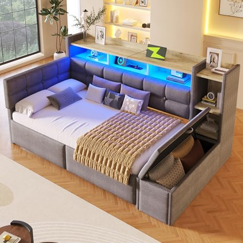 Mrwoo Cama Individual 90x190cm con Cajones, Sofá Cama con Compartimento, Banco con Espacio de Almacenamiento, Terciopelo, Gris Oscuro (Colchón no Incluido)