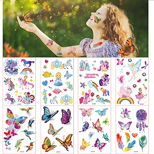 BOYATONG Set di tatuaggi per bambini, 8 fogli, con sacchetto regalo di iuta, unicorno e farfalle, impermeabile, tatuaggio per unicorno, festa di compleanno dei bambini