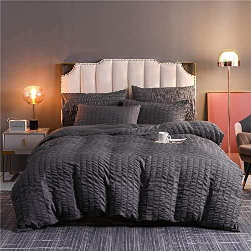 Oduo Set Copripiumino in Seersucker Singolo Matrimoniale Tinta Unita Classico Microfibra Biancheria da Letto Morbida con 1 Chiusura a Cerniera Copripiumino & Federe (220x240cm-3pcs,Grigio Scuro)