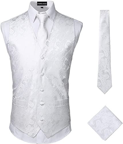 PARKLEES Klassische Herren-Weste, 3-teilig, Paisleymuster, Krawatte, Einstecktuch, Set, Hochzeit, Abschlussball, Party, Weste für Anzug oder Smoking, weiß, S