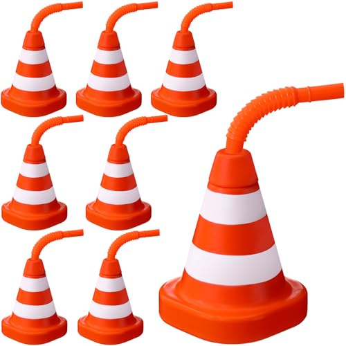 Sawysine 8 Pack Construction Cone Cups with Straws Bulk, Traffic Cones Party Favor 10 oz Plastic Reusable Kids Race Cups Set for Construction Traffic Theme Racing Car Birthday Party Supplies