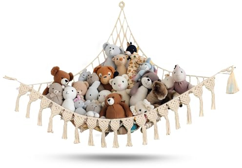 Abby Baby Extra Large Stuffed Animal Hammock with LED Lights 100% Natural Cotton Macrame Toy Storage Net for Plushies & Squishmallows Boho Macrame Corner Organizer for Kids’ Room or Nursery (Beige)