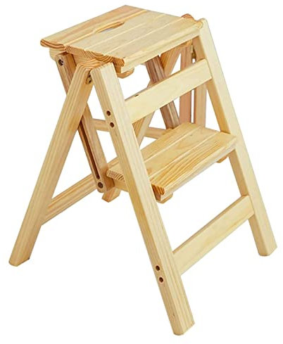 2-stegs stege kraftigt trä, vikbar stegpall, kökssteg vik undan med halkfri bred pedal, halkfri stora steg, rymmer upp till 150 kg