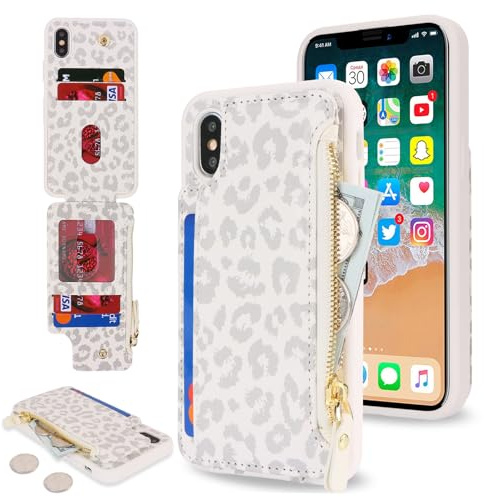 SailorTech för iPhone X telefonfodral med kreditkortshållare för män, iPhone XS fodral med kreditkortsfack, plånbok med dragkedja för kvinnor – vit leopard