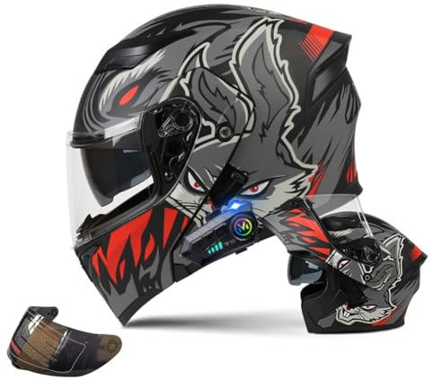 Motorcycle Modular Helmet with Bluetooth Full Face Flip Up Motorbike Helmet with Anti-Fog Dual Visor ECE Approved Crash Helmets Built-in Dual Speaker Microphone for Adult Men Women