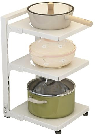 Gzsekken Pot Rack Organizer, Pot and Pan Stand Rack with 5 Adjustable Non-slip Dividers, Detachable Pot Lid Holder Stand Cookware Baking Tray Storage and Organiser for Kitchen (White-3 TIRES)
