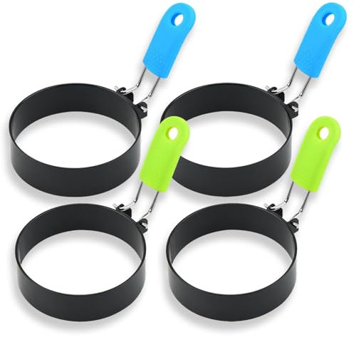 Egg Ring 4-Pcs Stainless Steel Egg Rings with Non Stick Coating Suitable, Anti-Scald Folding Handle for Egg Frying, Shaping, Pancakes, Mini Burger