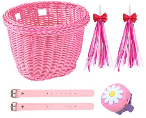 SVNR Kids Bike Basket, Girl Bike Basket Pink, Cycling Handle Bowknot Streamers and Bell, Children Cycling Baskets with Spare Leather Straps, Easy Install Detachable