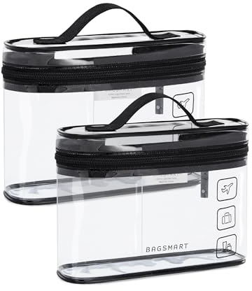 BAGSMART TSA Clear Toiletry Bag,2 Pack PVC Makeup Cosmetic Bag Organizer,Quart Size Travel Bag for Toiletries,Carry-on Travel Accessories Essentials,Black-2pcs