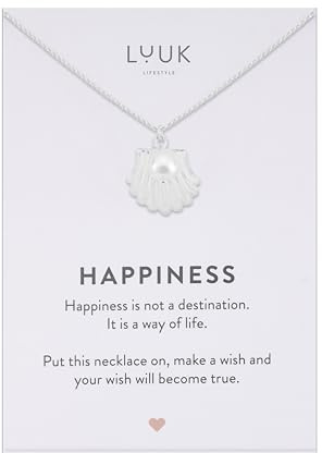 LUUK LIFESTYLE Collar con colgante perla de concha y de acero inoxidable tarjeta frase HAPPINESS, cadena resistente al agua, amuleto de la suerte, joyería minimalista, regalo para mujer, plateado