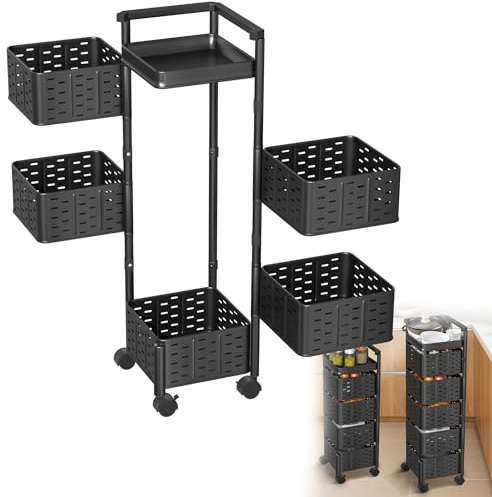 HENGMEI Scaffale girevole con ruote, rotante, multistrato, da cucina, per frutta, verdura, per cucina, bagno, soggiorno (nero, 5 livelli, quadrato)