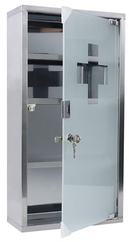 FIVMEN Armadio per medicinali in acciaio inox, con 4 scomparti, per farmacie, da appendere con porta in vetro e 2 chiavi, armadietto per medicinali, 30 x 58 cm