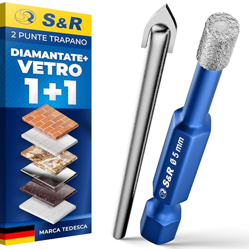 S&R Professional 2-tlg Set 5 mm Diamantbohrer, Diamant Fliesenbohrer und Karbid Glasbohrer, Keramikbohrer, für Harte Keramik, Granit, Glas, Porzellan, Fliesen, Feinsteinzeug, Marmor, in robuster Box