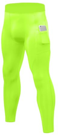 LWISMIL Men's Compression Pants with Pocket Running Leggings Sports Tights Cool Dry Workout Athletic Base Layer Underwear, Fluorescent Green, Large