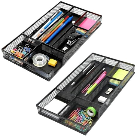 2 Pack Desk Drawer Organizer, Small Metal Mesh Desk Organizer Tray, Pen Pencil Drawer Organizer for Office Supplies, Desktop, Makeup, Vanity