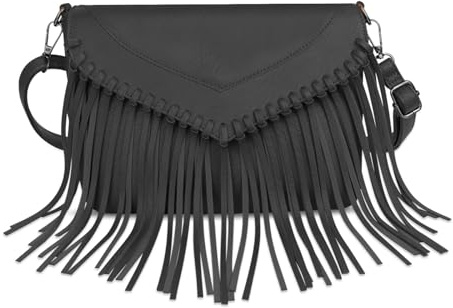 AdiStylinno Fringe - Bolso bandolera para mujer, estilo vintage, de piel sintética, con flecos, correa de hombro ajustable y cremallera, Negro