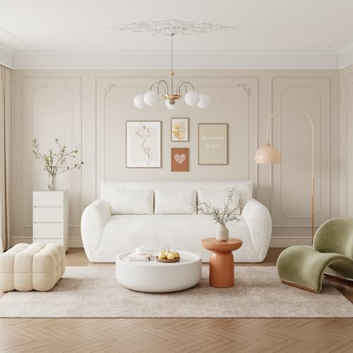 Vesgantti Canapé 3 Places 200 × 94 × 80 cm en Velours Côtelé, Canapé de Sol Rembourré avec 3 Coussins, sans Montage, Idéal pour Salon, Chambre et Bureau, Blanc