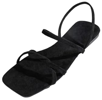 SCBFDI Scarpe Donna Estive Sandali con Cinturino Sottile Suola Piatta Tomaia in Materiale Minimalista Senza Chiusura Infradito Stoffa Donna Nero 35