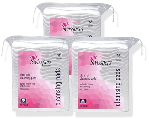 Swisspers Premium Facial Cleansing Pad, 100% Cotton, Ultra Soft, Extra Large, 50 White Pads per Reclosable Bag, 3 Bags (150 Pads Total)