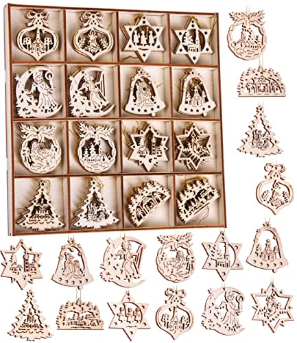 BRUBAKER Juego de Colgantes de Navidad de 48 Piezas - Adornos de Madera para el árbol de 3-4 cm - Campanas Estrellas Abeto Deco Hanger Navidad - Colgantes de Madera para el árbol de Navidad
