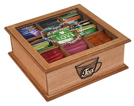 Optyuwah Teebox, Tee Aufbewahrungsbox aus Holz mit 9 Trennfächern Teebeutelbox Teekiste für Teebeutel Zucker Kaffeekapsel Teekasten,Vorratsdose mit Glas Sichtfenster Deckel Teebeutelhalter