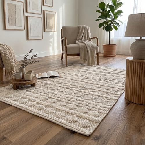 Rita Rugs Home Zephyr, 100% Wool, Exquisite, Unique and Artistic Hand Woven Woollen Area Rug for Bedroom, Living Room, Boho, Farmhouse, Modern, Cream, 160cm x 230cm