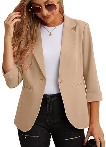 GRECERELLE Blazer de Traje para Mujer Elegante de Manga 3/4 Chaquetas de Negocios Casual Trabajo Oficina Chaqueta Blazer Trajes y Blazers Cárdigans con Bolsillos Botón para Señoras, albaricoque, 46