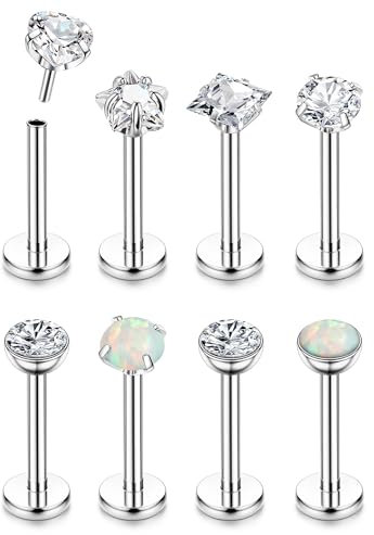 Chriscoco 8PCS 18G/20G G23 Titan Labret Piercing Schmuck - Silber mit Opal und CZ - Tragus, Labret, Nasen-, Lippen-, Monroe-, Medusa-, Helix-, Conch- und Tragus-Piercing - 6mm und 8mm - 0,02kg