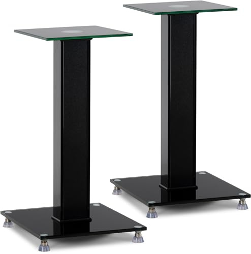 Pronomic SLS-282 BK Soportes para Altavoces Par, diseño Elegante con 2 Placas de Vidrio, púas Ajustables, Patas de Goma, gestión Oculta de Cables y Carga máxima de 10 kg.