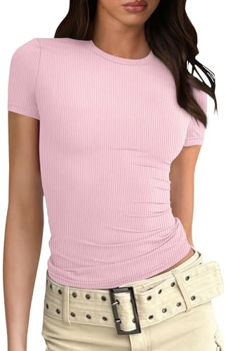 T-shirt moulant côtelé à col rond pour femme - T-shirt à manches courtes - Haut en tricot de base - Couleur unie - Chemises d'été de base - Vêtements Y2k, rose, M