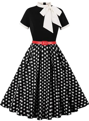 Odizli Rockabilly Vestiti Donna Anni '50 Vintage Maniche Corte Cravatta Pois Fiori Swing Lunghezza al Ginocchio Vestito da Cocktail con Cintura, Nero , S