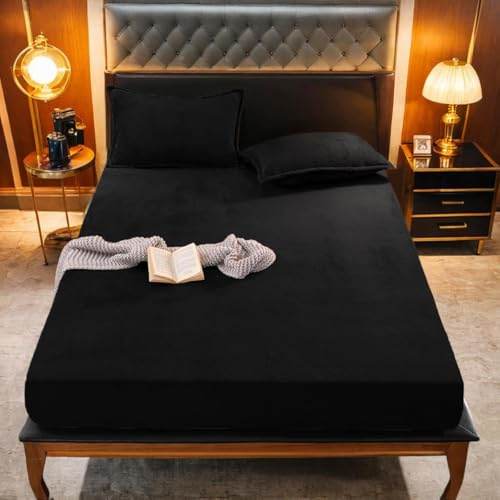 Gezu Sábana Bajera de Felpa Cálida 160x200cm Invierno Negro Flanela Toque de Cachemir Ropa de Cama para Canapé Paño de Samita Felpudo de Terciopelo Sábana de Calor y Confort Adecuada para Colchones de