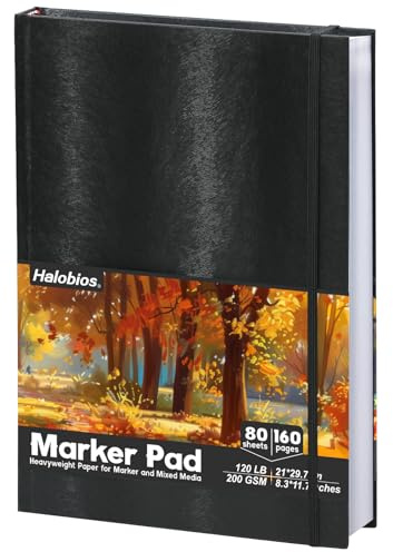 Halobios A4-Skizzenbuch für Künstler, Hardcover, 120 lb/200 GSM, sehr dickes Papier, professioneller Marker-Zeichenblock für Alkoholmarker, Graffiti, Skizzieren, Porträt, 80 Bögen / 160 Seiten