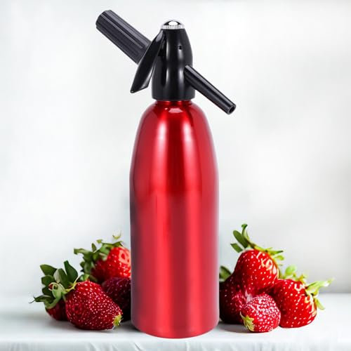 HYEIOL Máquina de agua con gas de 1 litro, sifón de soda carbonatada para el hogar y el club, bebidas frescas de refrescos, diseño de aleación de aluminio (rojo)