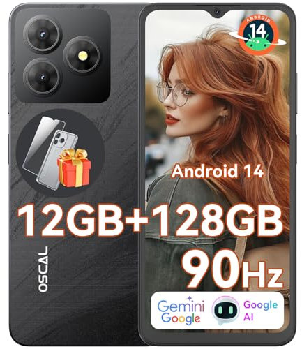 OSCAL 2025 Flat 2 Movil Gemini AI Android 15 12GB+128GB/2TB TF, 6.56 90Hz Smartphone, Batería 5000mAh, Cámara 13MP+8MP, 4G Dual SIM, Octa-Core/Face ID/OTG/GPS/3 Años Garantía - Negro