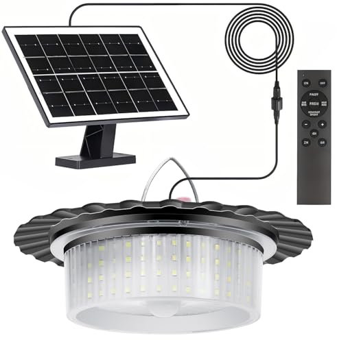 LEKIA Solar Shed Light Outdoor Indoor, 244 LED 360°Lighting Solar Garage Lights with Remote Control, Waterproof Pendant Lights with Motion Sensor, Timer, 5 Modes for Home Shed Garden Gazebo
