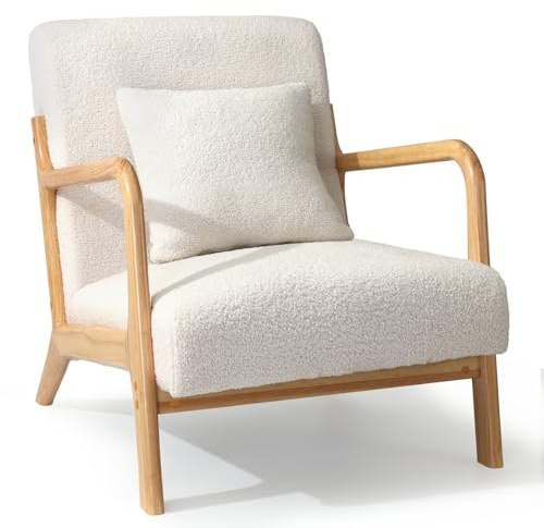 YODOLLA Fauteuil Salon Confortable Scandinave avec Cadre en Boiss - Fauteuil Lecture Moderne - pour Salon, Chambre, Bureau ou Club - Blanc