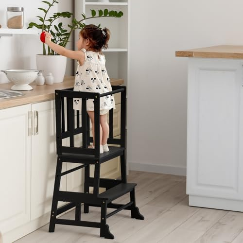 COSYLAND Toddler Kitchen Step Stool Tower - Kids Nursery Step Stool Standing Tower for Kitchen Counter - Solid Bamboo Mothers' Helper Kids Learning Stool (Black)
