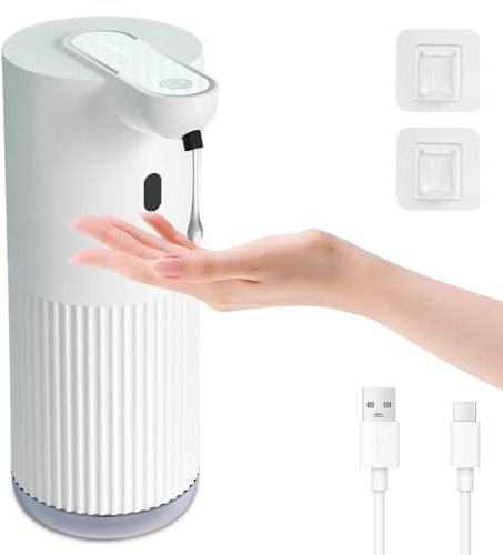 Cuteefun Dispenser Sapone Bagno Automatico, 400ml Dosatore Sapone Liquido Ricaricabile, 4 Livelli Regolabili, Impermeabile IPX5, Sensore a Infrarossi Senza Contatto per Bagno, Cucina, Bianco a Coste