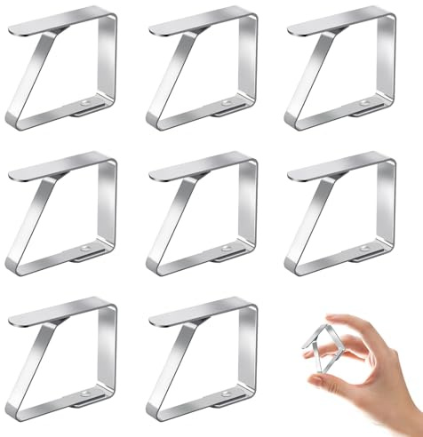 eaacaa Juego de 8 sujetamanteles de acero inoxidable – 5 cm de longitud, 4 cm de altura – Perfecto para picnics, fiestas y cenas, sujetadores de mesa para mesas con un grosor de hasta 3 cm