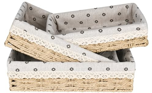 Scandi Style Lot de 3 grandes corbeilles à pain rectangulaires en jonc de mer avec insert en coton - Panier de rangement en métal solide - 35, 31 et 27 cm