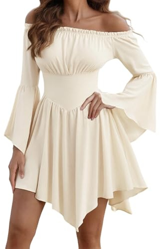 Vestido de pirata para mujer, disfraz renacentista, volantes, hombros descubiertos, mangas acampanadas, vestido de swing, marfil, M
