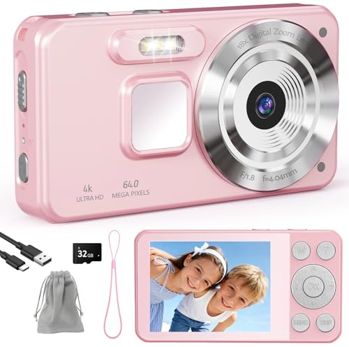 HERBYD Cámara Digital 4K Cámara de Fotos HD 64MP Cámara Digital Compacta con Pantalla LCD de 2,8 Zoom Digital 18X Tarjeta SD 32GB Incluida Cámara Portátil para Niños y Principiantes(Rosa-2)