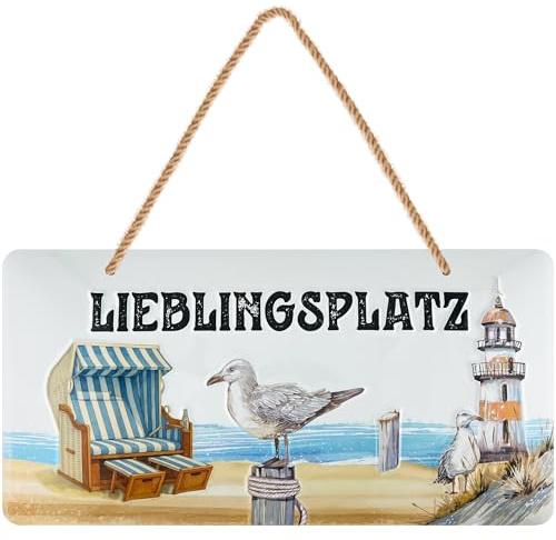 LANOLU retro Blechschild Lieblingsplatz, maritimes Gartenschild Vintage Shabby Chic, wetterfestes Metallschild für Garten Terrasse Balkon, mit Jutekordel, 16x32 cm