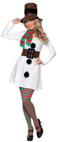 Smiffys Miss Snowman Costume for Women, White Christmas Fancy Dress Outfit -Dress, Belt, Hat and Red & Green Scarf, Festive Female Snowman Outfit for Holiday Parties, Santa’s Grotto, Small