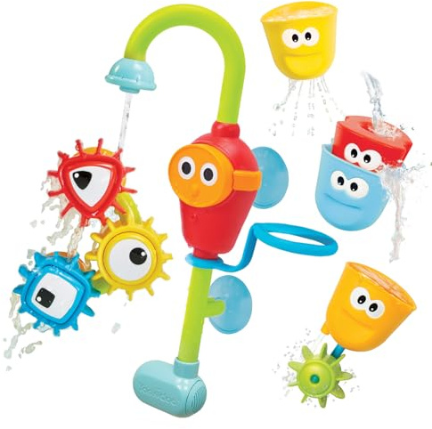 Yookidoo Bay Bath Badespielzeug (1–3 J.) – 3 stapelbare Becher, drehende Zahnräder, Schlauch & Auslauf, schimmelfrei, Saugnäpfe für Badewanne/Dusche – Spin N Sort