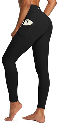 IUGA Yoga Pants with Pockets, Tummy Control, Workout Running Leggings with Pockets for Women, Black I840, L